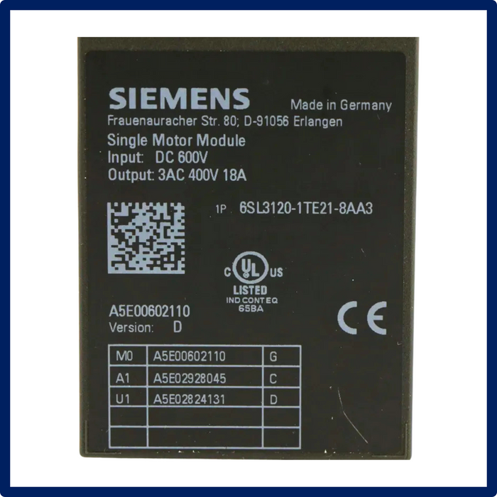 Sinamics - Single Motor Module | 6SL3120-1TE21-8AA3 | Refurbished | In Stock!