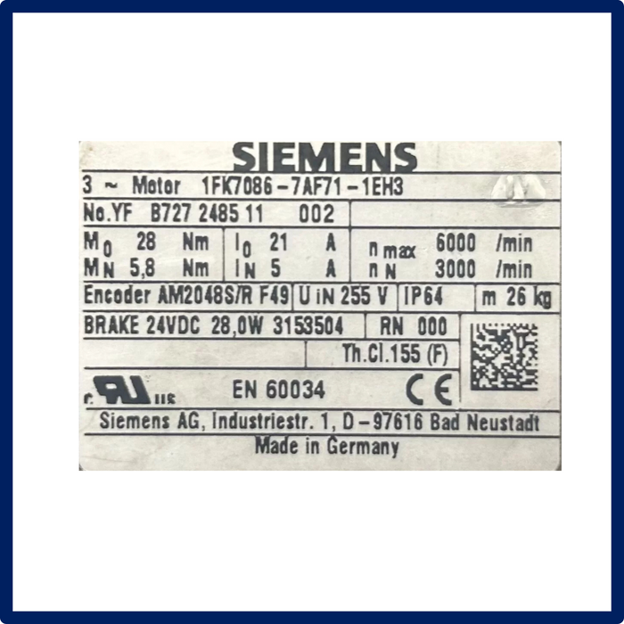 Siemens | Servo Motor | 1FK7086-7AF71-1EH3 | New | In Stock!